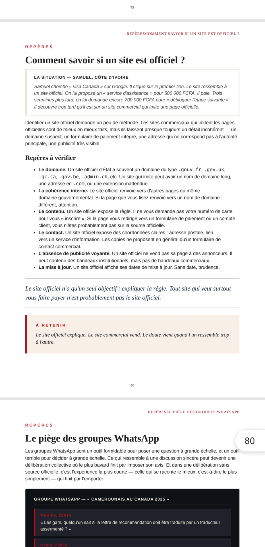 Pages 79 et 80 du guide — sites officiels et groupes WhatsApp